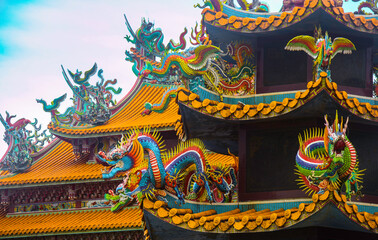 close-up of dragon sculpture on Chinese temple roof