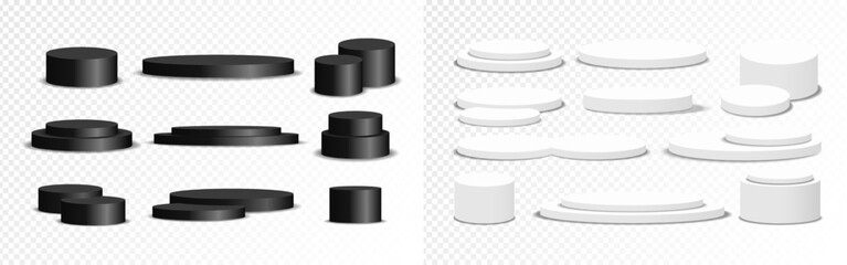 Set of black and white circle podium isolated on transparent background. Stage empty for product display, advertising, show, contest, award, and winner. Platform studio. Vector illustration.