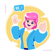 say hi cute girl cartoon character illustration