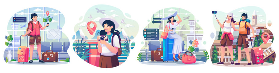 Set of Summer vacation or holiday and traveling concept Illustration