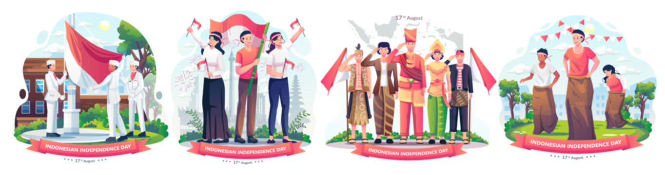 Set of People celebrate Indonesia's independence day on August 17th Illustration