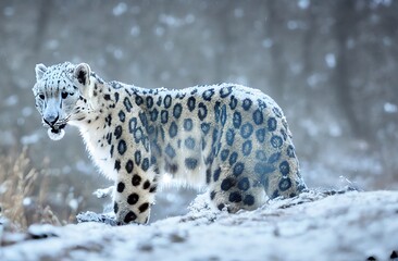 A Snow Leopard on the Prowl in the Snow