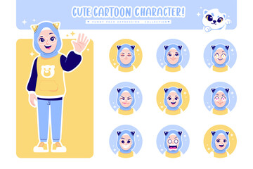 different face emotion hijab girl cartoon character collection 1