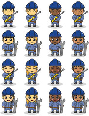 Vector Illustration of Cute Technician with screwdriver and wrench. Childrens with construction tools making job working builders. Kids Construction cartoon. Flat vector cartoon design.