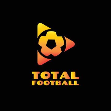 Play button and soccer ball icon for podcast logo design is isolated on black. Gradient sport logo in EPS10.