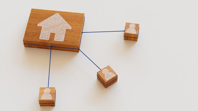 Internet Technology Concept With Home Symbol On A Wooden Block. User Network Connections Are Represented With Blue String. White Background. 3D Render.