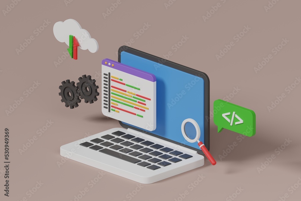 Wall mural programming 3d illustration. web development 3d illustration.