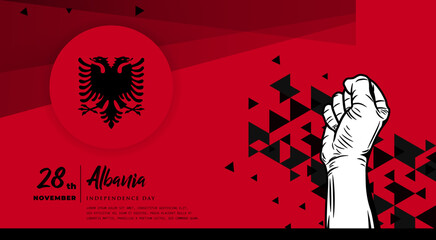 Banner illustration of Albania independence day celebration with text space. Waving flag and hands clenched. Vector illustration. - obrazy, fototapety, plakaty