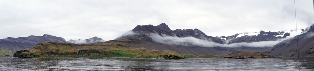 Panorama of mountains with a lush, green coastline on the South Atlantic, at Leith Harbor, South Georgia Island