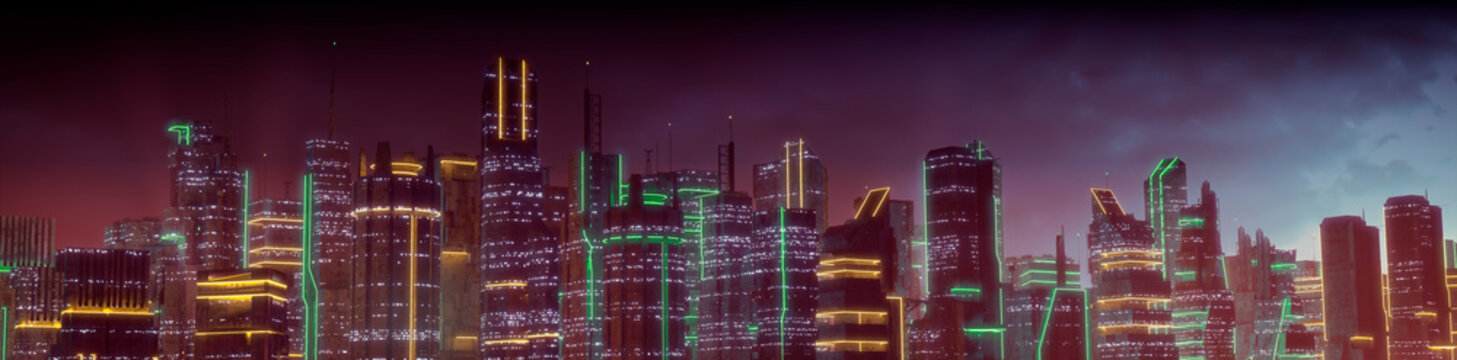 Futuristic Cityscape with Orange and Green Neon lights. Night scene with Advanced Superstructures.