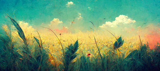 Fototapeta na wymiar medow flower field on sunset , illustation