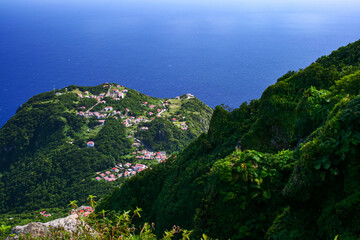 Aerial view of Windwardside village from the Mount Scenery volcano on the Caribbean island of Saba...