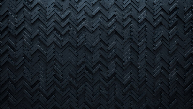 Black, Semigloss Mosaic Tiles arranged in the shape of a wall. Herringbone, 3D, Blocks stacked to create a Futuristic block background. 3D Render