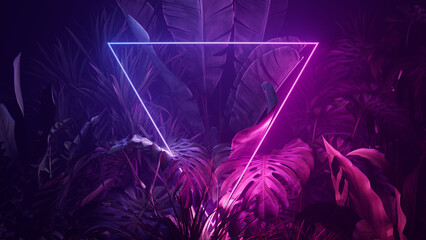 Trendy Background Design. Tropical Leaves with Blue and Pink, Triangle shaped Neon Frame.