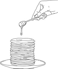 Vector vintage pancake drawing. Hand drawn food illustration. Sketch of Pancakes with honey
