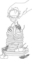 Vector vintage pancake drawing. Hand drawn food illustration. Sketch of Pancakes with strawberry, mint, berry and and maple syrup