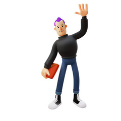 3D illustration. Smiling Cool Man 3D Cartoon Character Say Hi. holding a red bag showing a handsome face. 3D Cartoon Character