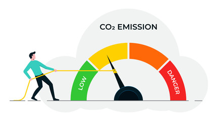 A man pulling rope at CO2 emission level to low position. Zero emission concept, clean and sustainable technology, stop global warming template