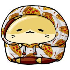 Cute hamster wearing pizza sweater hoodie in cartoon style