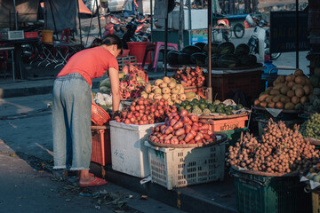 Hoi An, Vietnam - March 9th, 2020 : a woman arranging fruits on display at the morning market in...