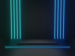 Fototapeta premium 3D rendered black scientific stage with blue neon lights. Geometric podium. Sci-Fi stand.
