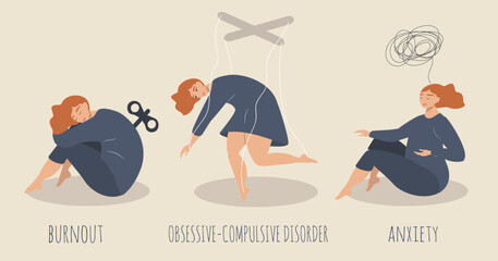 vector illustration in a flat style on the theme of mental disorders - burnout, obsessive-compulsive disorder, anxiety