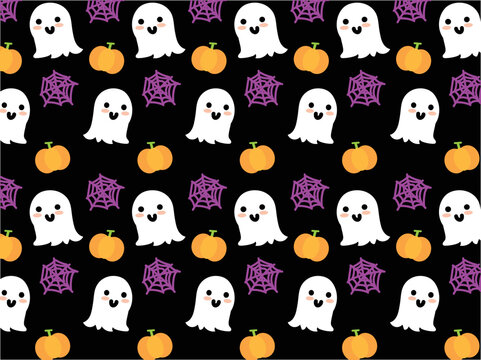 Cute cartoon ghost pumpkin and spider web pattern background vector.