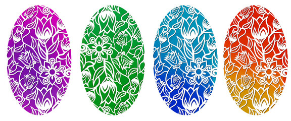 Easter eggs with flower pattern isolated on a white background.  Set of decorative colorful  eggs.   For holiday design.