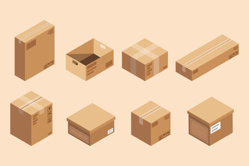 Isometric vector carton of brown squares on set of vector design elements with background.