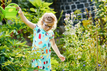Little girl in a garden with green watering pot. Preschool child using rainwater to water flowers...
