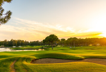 Panorama of the most beautiful sunset or sunrise. Sand bunker on a golf course without people with a row of trees in the background