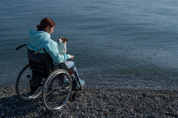 Naklejka premium Caucasian woman in a wheelchair with a dog at the sea.