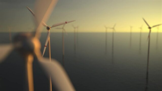 Drone Flies Over a Windmill Park at Sunset. Aerial View of a Farm With Wind Turbines Standing. Wind Power Turbines Generating Clean Renewable Energy for Sustainable Development. 3d.