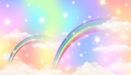 Holographic fantasy rainbow unicorn background with clouds. Pastel color sky. Magical landscape, abstract fabulous pattern. Cute candy wallpaper. Vector. © Chorna_L