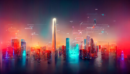 Obraz premium Smart city and abstract dot point connect with gradient line and aesthetic Intricate wave line design , big data connection technology concept