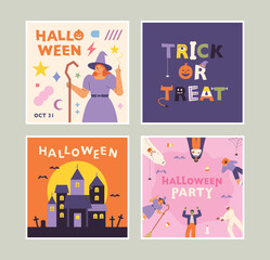 Halloween card. Witch, vampire castle, people in Halloween costumes, trick or treat. flat design style vector illustration.