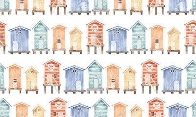 Watercolor hand drawn seamless pattern with colorful illustration of cute small beach huts, red, yellow, blue striped cabins, lifebuoy. Summer marine, sea coast elements isolated on white background.