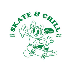 skate and chill - retro cartoon skating illustration - vintage tshirt design