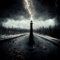 The light at the end of the world. Album cover art. Mystic. Gothic. Doom. Monochrome. Abstract background. Fantastic 3D rendered digital illustration.