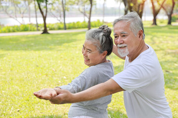 Asian senior couple practice yoga excercise, tai chi tranining, stretching and meditation together...