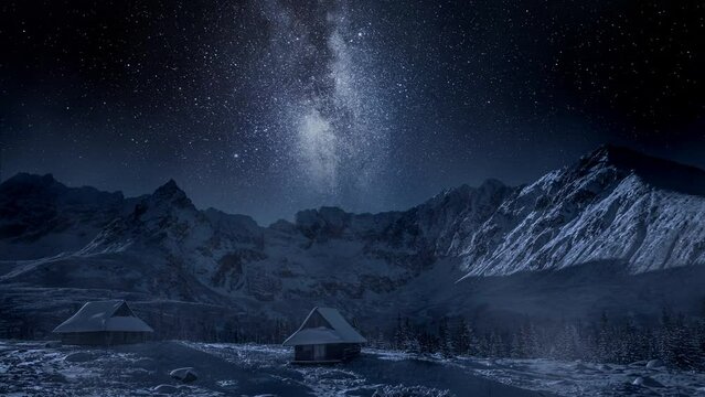 Milky way and falling stars over Cold mountains in winter