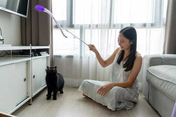 Attractive Asian woman using cat toy playing with her black cat on the floor in living room with happiness. Happy girl enjoy indoor lifestyle with lovely cat at home. Pets owner relationship concept.