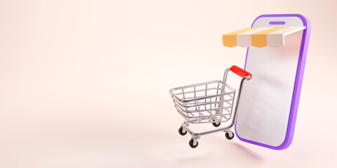 3D render of Shopping cart and smartphone store, online business symbol on pastel background