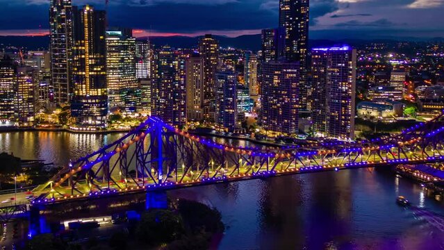 Aerial hyperlapse, dronelapse video of Brisbane city in Australia at night