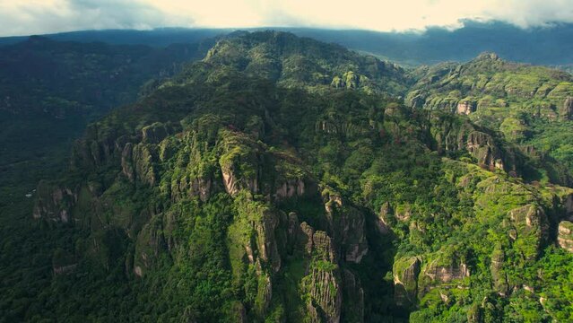 Aerial footage of the Tepozteco natural reserve, in Morelos, Mexico.