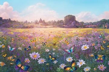 Children's painted colored wallpaper. Colorful illustration of a wide summer meadow with flowers and butterflies. Design for a children's room, wallpaper, photo wallpaper.