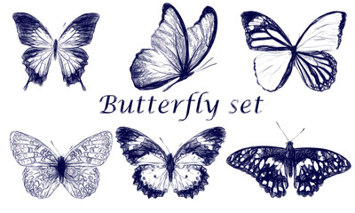 Fototapeta na wymiar Set of butterflies drawn with a blue pen isolated on a white