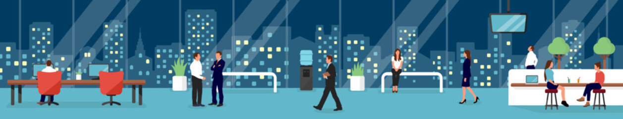 Modern office and workers horizontal vector illustration ( evening )