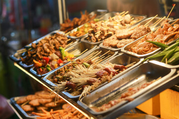 grilled dishes like pork, okra, beef, bell pepper in ho thi ky street food