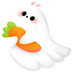Cute Ghost Halloween party.Hand drawn illustion clipart. white rabbit ghost holding carrot.